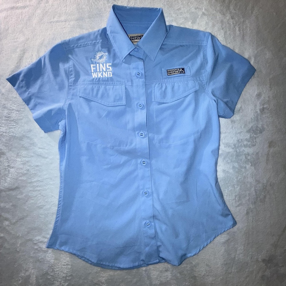 Miami Dolphins Shirt Mens Small Blue NFL Football Hook & Tackle Button Front